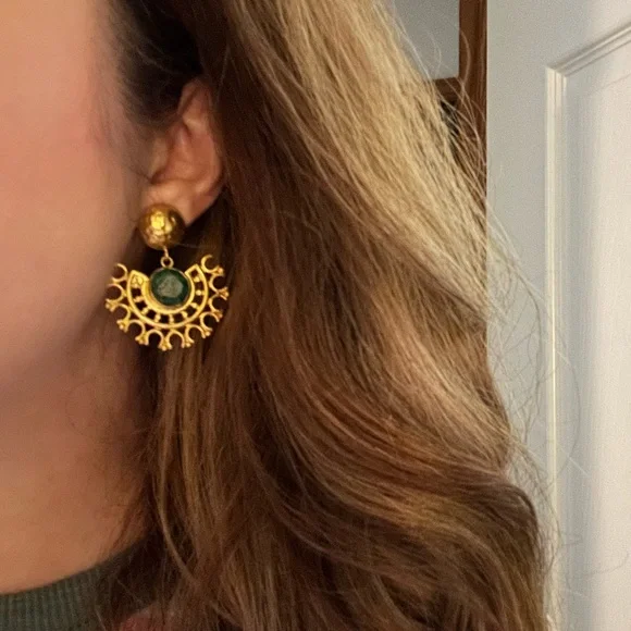 Emerald and Gold Handmade Chandelier Earrings - Picture 5 of 8